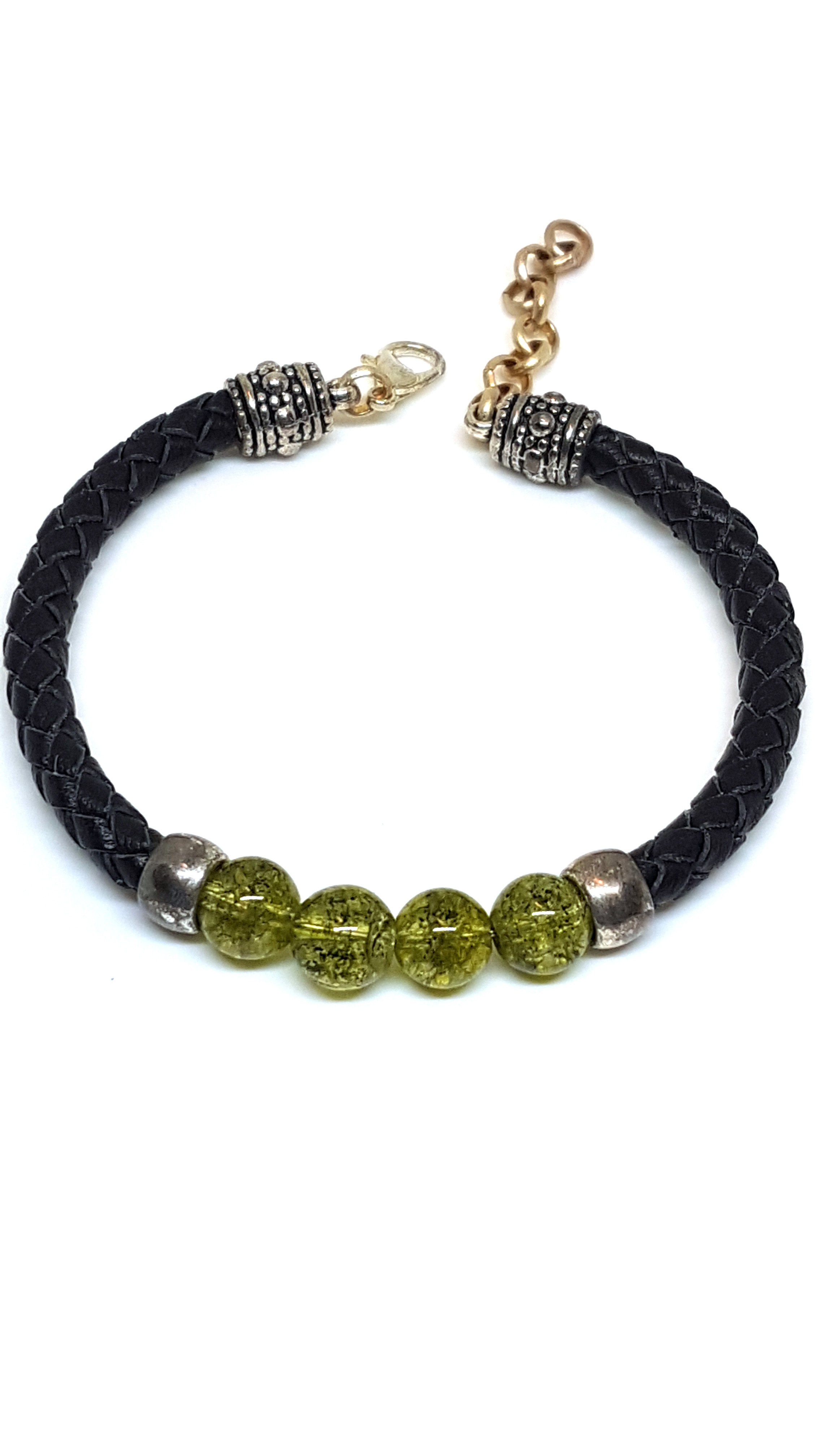 Armband aus echt Leder mit echten Olivin Steinen von Lanzarote (Handarbeit)