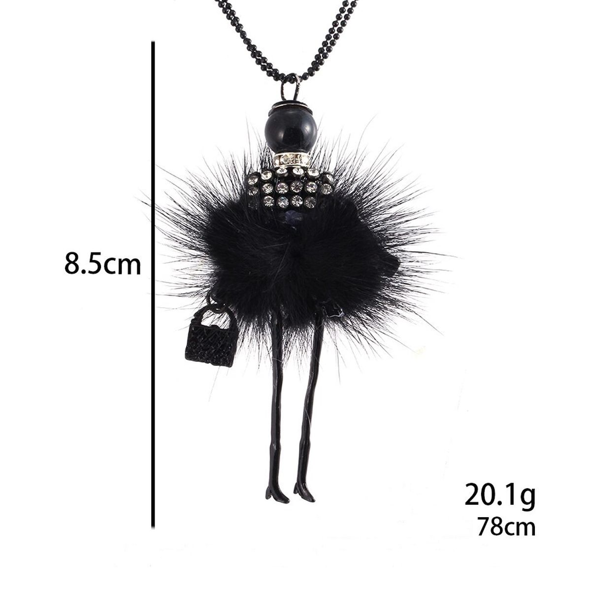 Anhänger putzige Puppe mit Handtasche und Hut - Kleid in in Schwarz mit Halskette