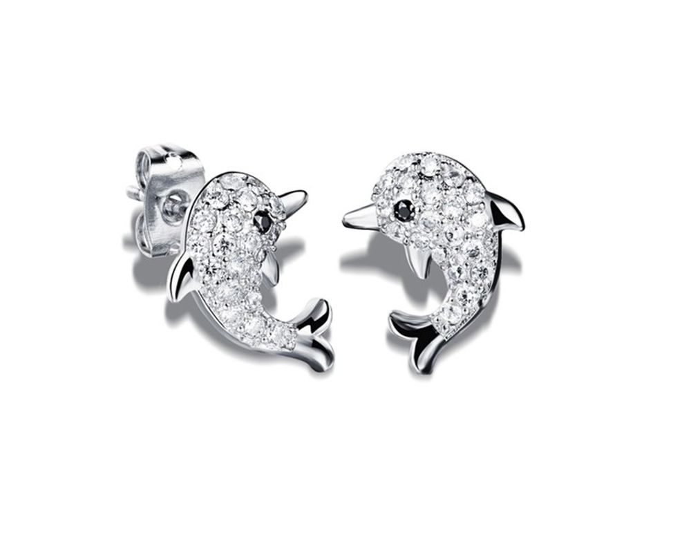 Delfin Ohrstecker mit Zirkonia mit Platin beschichtet