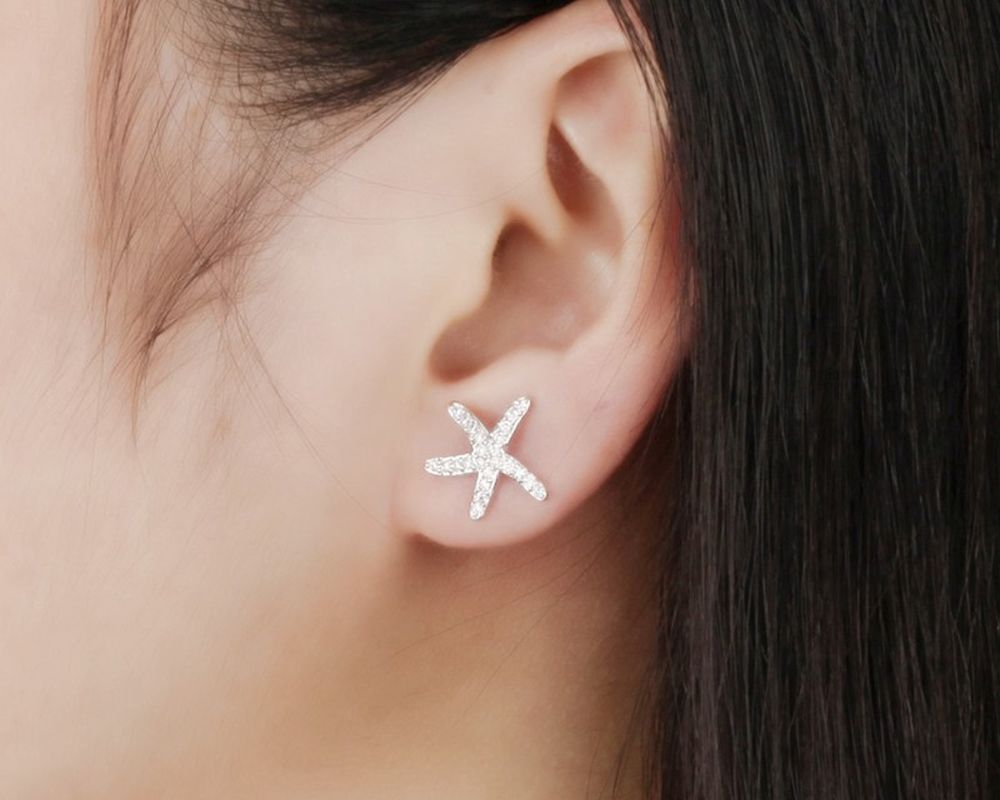 Seestern Ohrstecker mit Zirkonia mit Platin beschichtet