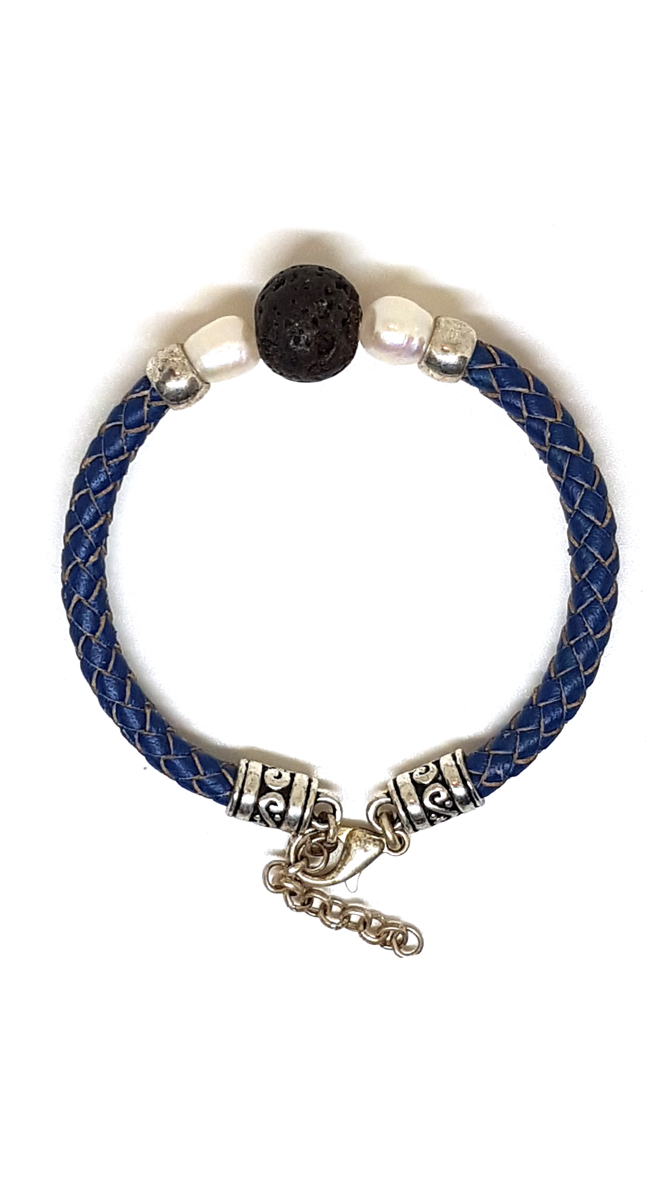 Armband aus echt Leder mit echten Lava Steinen und Süßwasserperlen von Lanzarote (Handarbeit) 