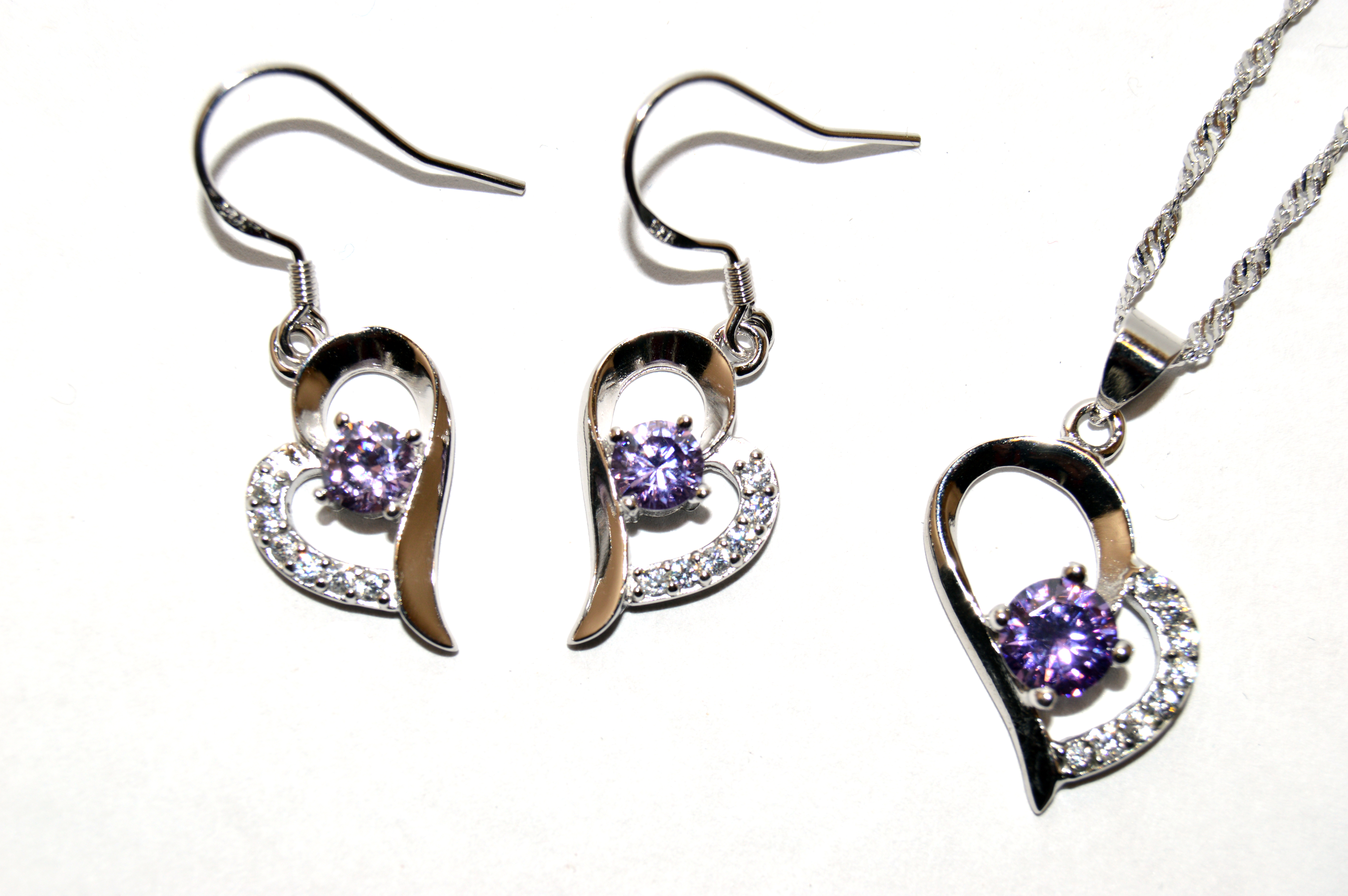 Schmuckset Kette + Ohrstecker mit Zirkonia Lila+Weiß bestückt