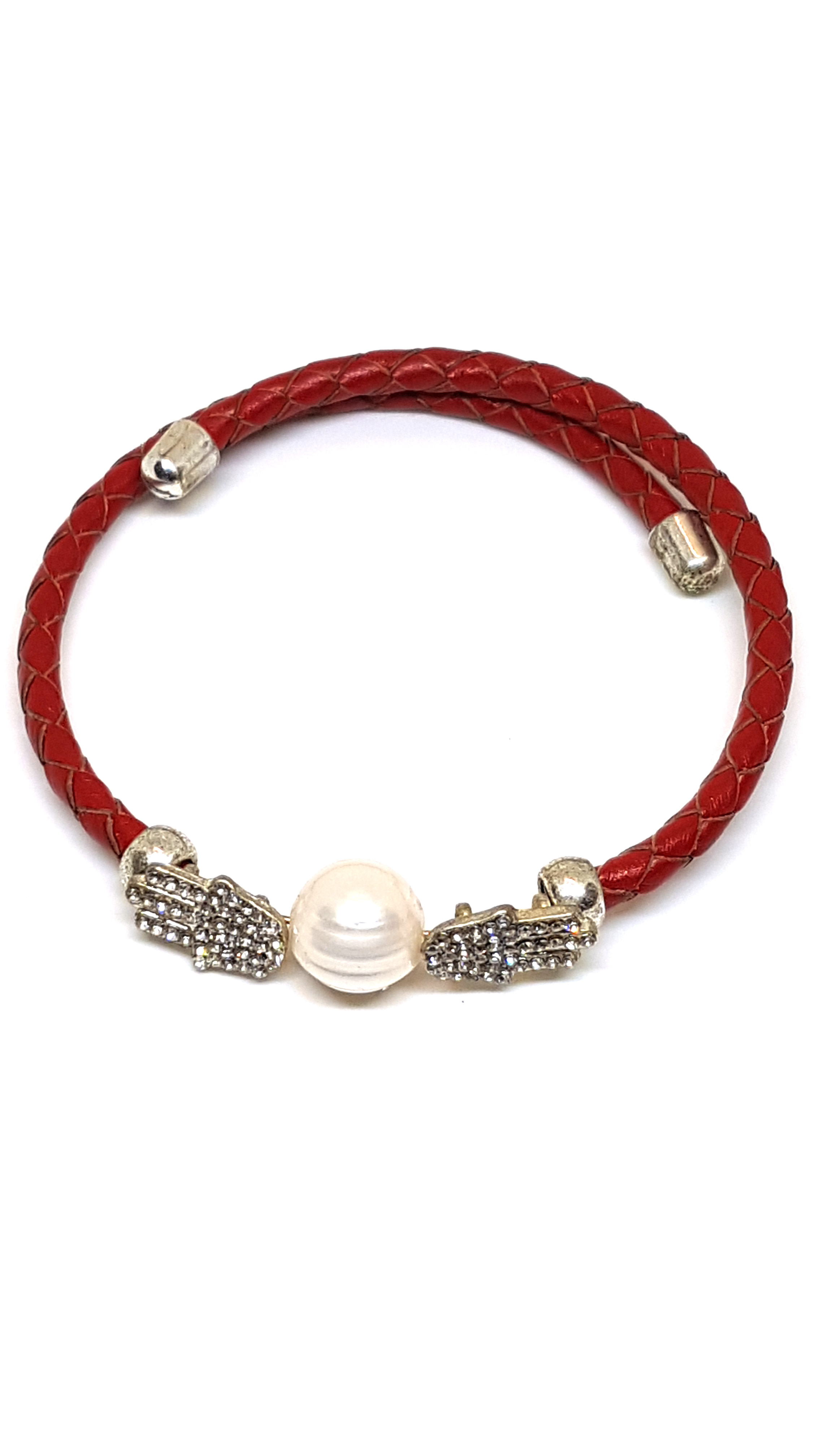 Armband aus echt Leder mit echten Süßwasserperle und Zirkonia Steinen in Form von der Fatimas Hand von Lanzarote (Handarbeit)